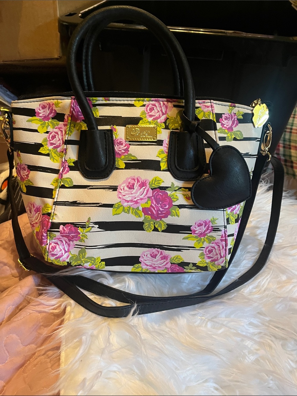 Betsey Johnson Black & Pink Floral Stripe Satchel